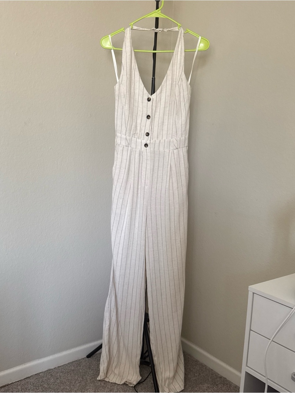 Monteau Los Angeles NWT Linen Blend Pinstripe Wide Leg Jumpsuit Size S